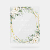 Geometrische gouden en witte bloemige bruiloft acryl bord (Voorkant)