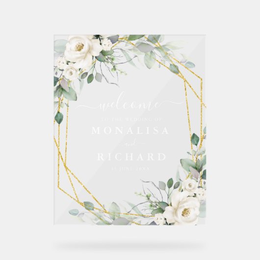 Geometrische gouden en witte bloemige bruiloft acryl bord (Voorkant)
