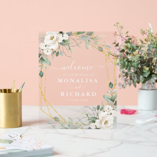 Geometrische gouden en witte bloemige bruiloft acryl bord (Huwelijk)