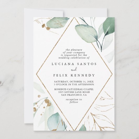 Geometrische gouden Eucalyptus Diamond Weddenschap Kaart (Voorkant)