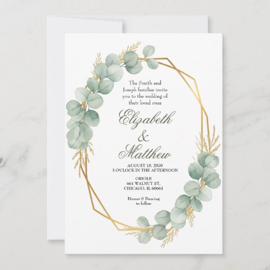 Geometrische gouden eucalyptuskrans bruiloft kaart (Voorkant)