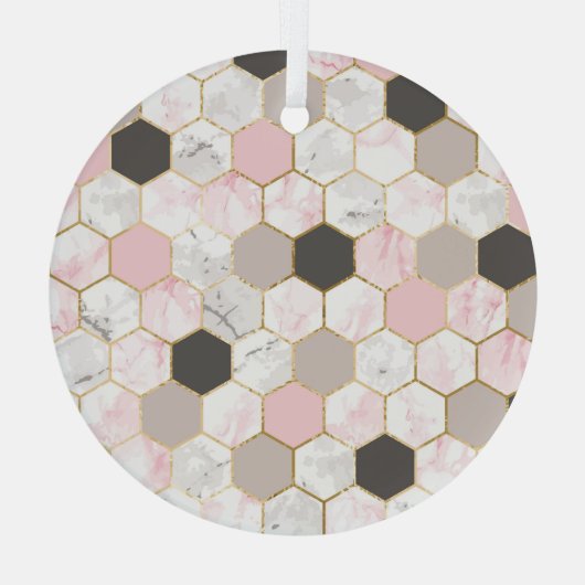 Geometrische gouden folie, marmeren zeshoekpatroon glas ornament (Achterkant)