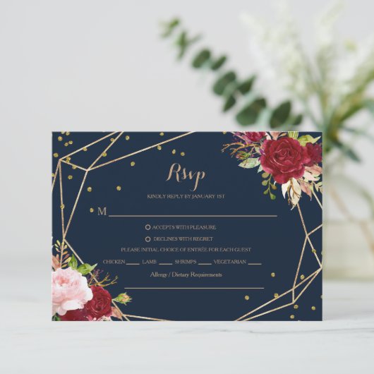 Geometrische gouden glitter en rode Rsvp Menu Keuz (Staand voorkant)
