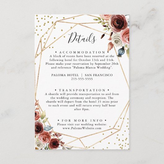 Geometrische gouden glitter lente bruiloft details informatiekaartje (Voorkant)