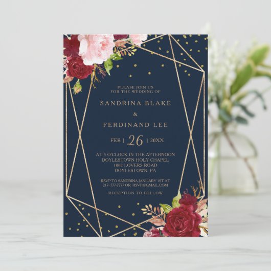 Geometrische gouden glitters en rode tropische bru kaart (Staand voorkant)