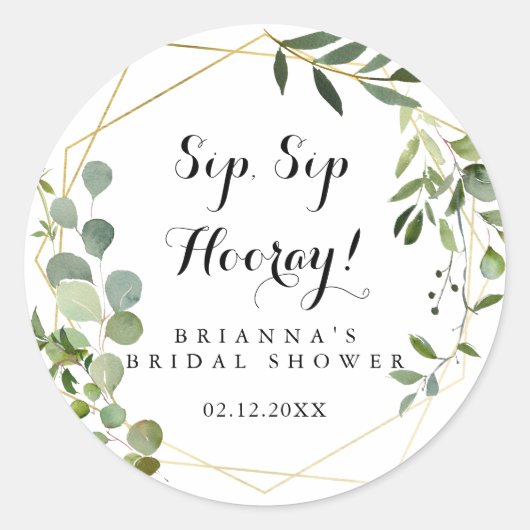 Geometrische gouden groene sip sip hooray bruidsfe ronde sticker (Voorkant)