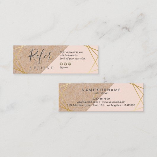 Geometrische gouden Kraft Gedrukt LT Pastel Roze R Mini Visitekaartje (Voorkant / Achterkant)