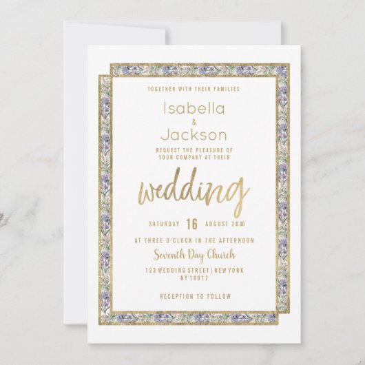 Geometrische gouden lavendel roze bloemenbruiloft kaart (Voorkant)