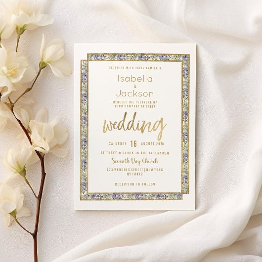 Geometrische gouden lavendel roze bloemenbruiloft kaart