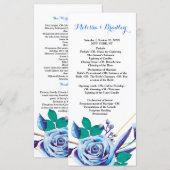 Geometrische gouden lijst blauwe flora  ceremonie  programmakaart (Voorkant / Achterkant)