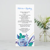 Geometrische gouden lijst blauwe flora  ceremonie  programmakaart (Staand voorkant)