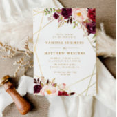 Geometrische gouden lijst bordeauxrode bloemen bru kaart