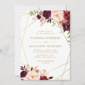 Geometrische gouden lijst bordeauxrode bloemen bru kaart (Voorkant)