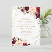 Geometrische gouden lijst bordeauxrode bloemen bru kaart (Staand voorkant)