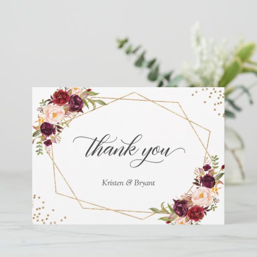 Geometrische gouden lijst bordeauxrode bloemige br bedankkaart (Staand voorkant)
