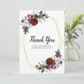 Geometrische gouden lijst bordeauxrode winterbloem bedankkaart (Staand voorkant)