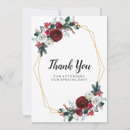 Geometrische gouden lijst bordeauxrode winterbloem bedankkaart