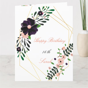 Geometrische gouden lijst paarse bloemen Verjaarda Kaart