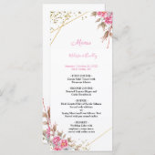 Geometrische gouden lijst roze bloem bruiloftsmenu programmakaart (Voorkant / Achterkant)