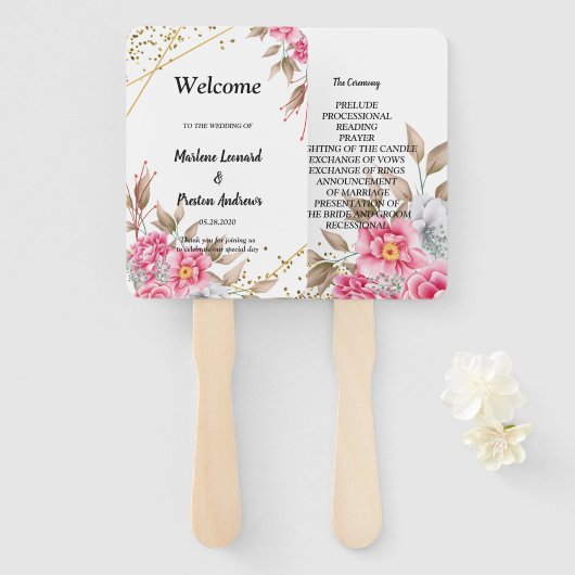 Geometrische gouden lijst roze bloem bruiloftsprog handwaaier (Voorkant en achterkant)