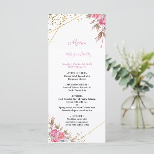 Geometrische gouden lijst roze bloemenuitnodiging programmakaart (Staand voorkant)