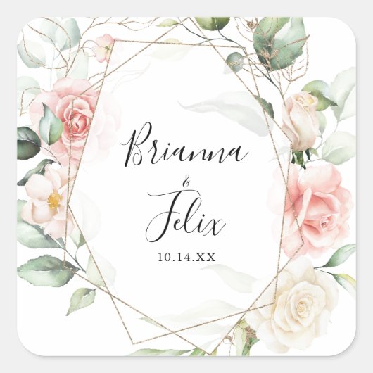 Geometrische gouden loof bruiloft envelop afdichti vierkante sticker (Voorkant)