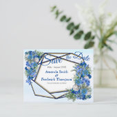 Geometrische Gouden-Navy & Blauwe Bloemen Save the Aankondigingskaart (Staand voorkant)