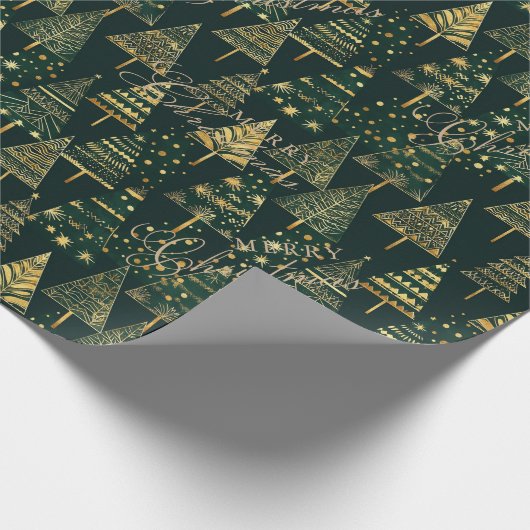 Geometrische Gouden Pijnbomen Groen Kerstgoud Cadeaupapier (Hoek)