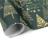 Geometrische Gouden Pijnbomen Groen Kerstgoud Cadeaupapier (Rol Hoek)