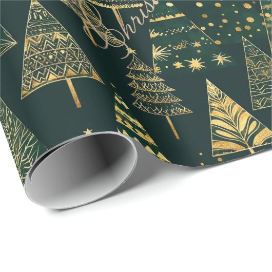 Geometrische Gouden Pijnbomen Groen Kerstgoud Cadeaupapier (Rol Hoek)