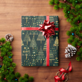 Geometrische gouden pijnbomen Groene Kerstmis Cadeaupapier