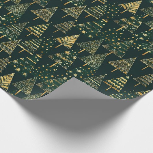 Geometrische gouden pijnbomen Groene Kerstmis Cadeaupapier (Hoek)