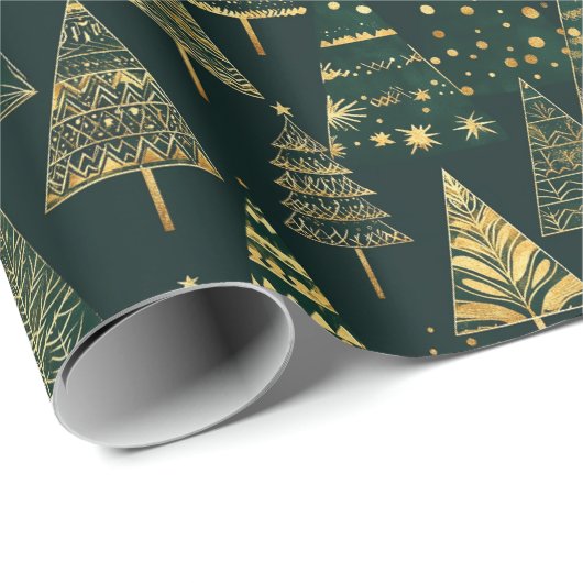 Geometrische gouden pijnbomen Groene Kerstmis Cadeaupapier (Rol Hoek)