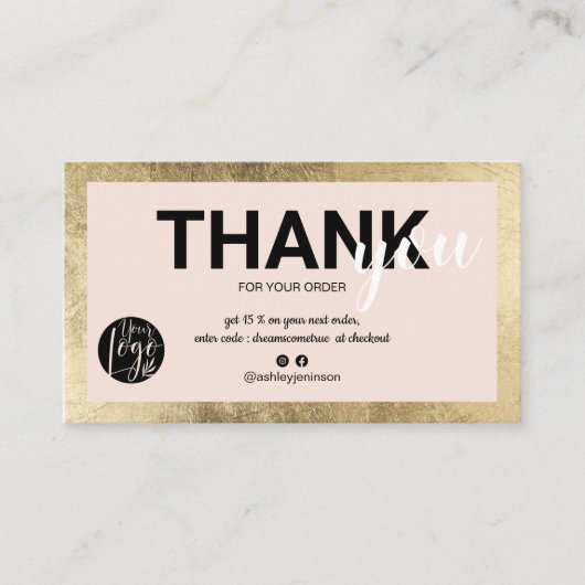 Geometrische gouden roze script logo orde dank u visitekaartje (Voorkant)