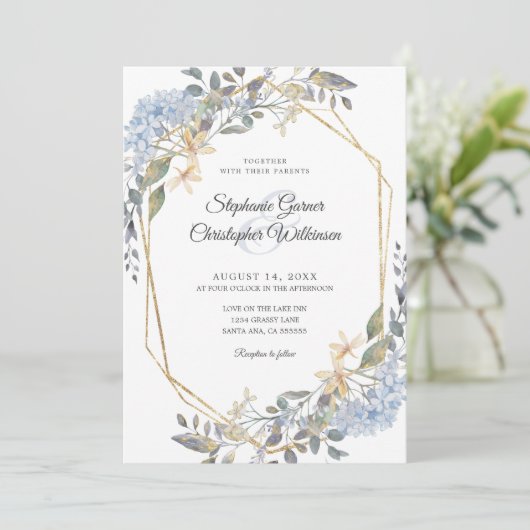 Geometrische gouden stoffige blauwe bloemen bruilo kaart (Staand voorkant)