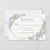 Geometrische gouden stoffige blauwe bloemen bruilo RSVP kaartje (Voorkant)