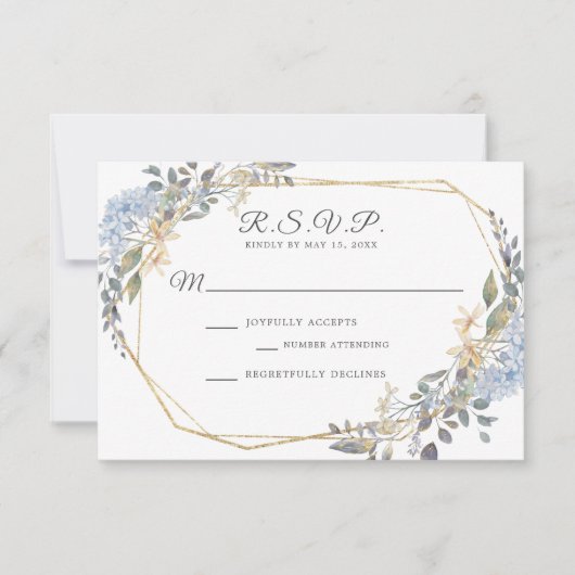Geometrische gouden stoffige blauwe bloemen bruilo RSVP kaartje (Voorkant)