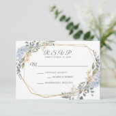 Geometrische gouden stoffige blauwe bloemen bruilo RSVP kaartje (Staand voorkant)