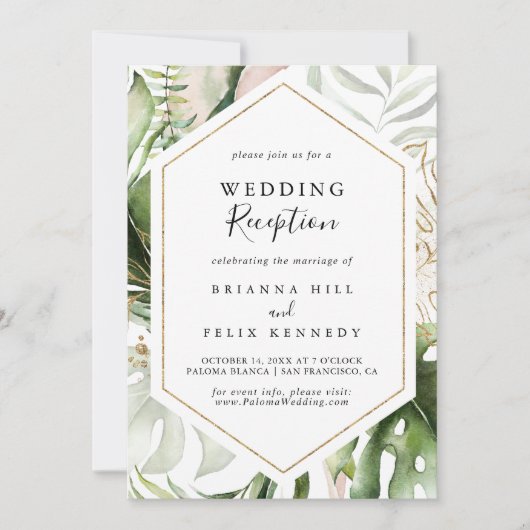 Geometrische gouden tropische groene huwelijksrece kaart (Voorkant)