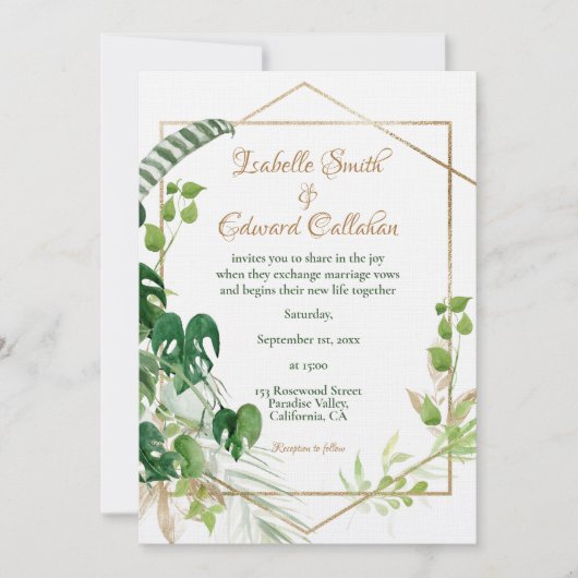 Geometrische Gouden Tropische Groene Monstera Blad Kaart (Voorkant)