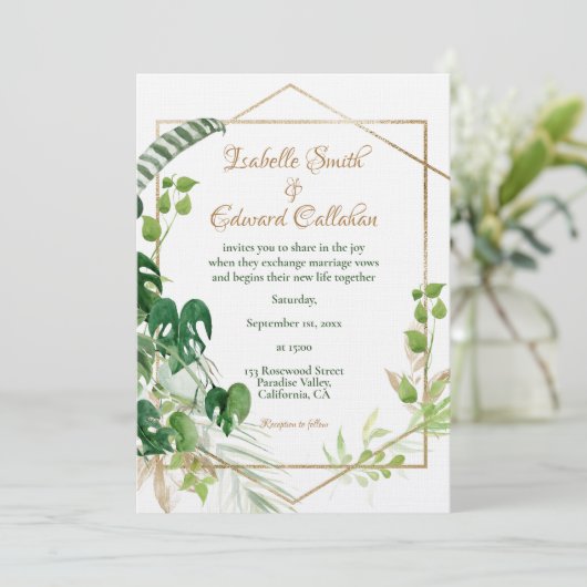 Geometrische Gouden Tropische Groene Monstera Blad Kaart (Staand voorkant)