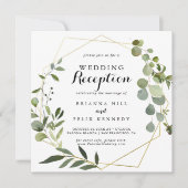 Geometrische gouden tropische groene trouwreceptie kaart (Voorkant)