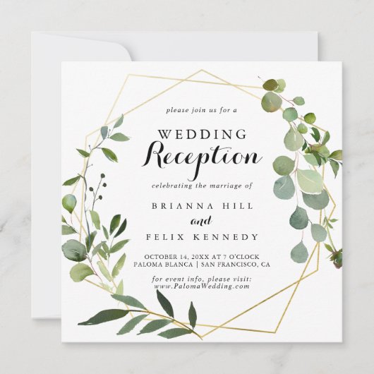 Geometrische gouden tropische groene trouwreceptie kaart (Voorkant)