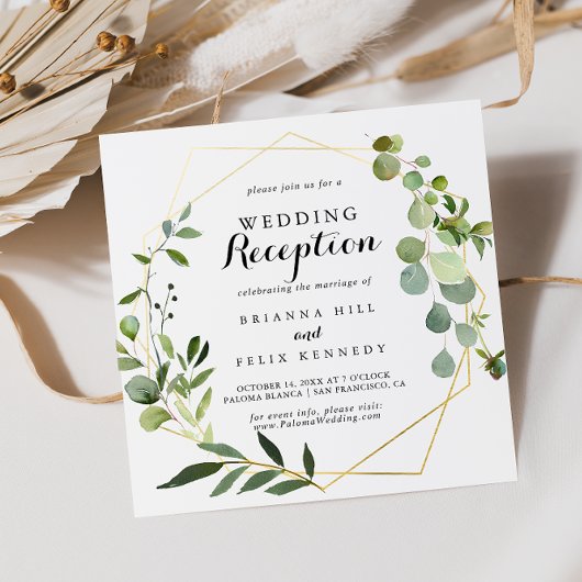 Geometrische gouden tropische groene trouwreceptie kaart