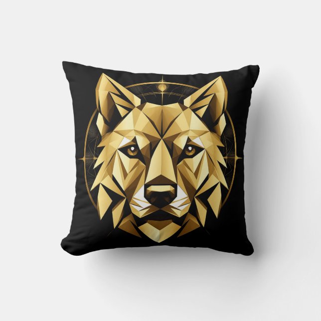 Geometrische Gouden Wolf Illustratie Kussen (Voorkant)