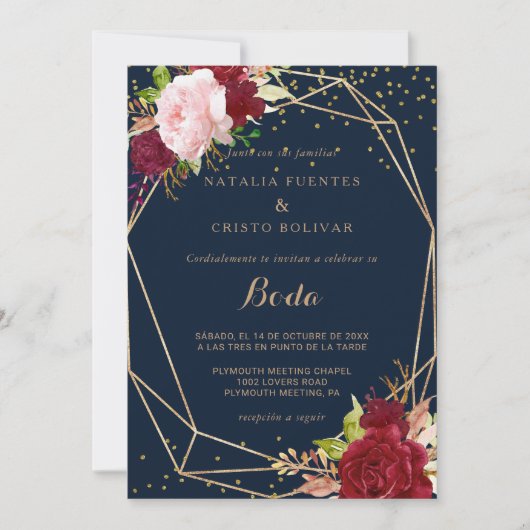 Geometrische goudglitter en Rode Tropische bruilof Kaart (Voorkant)