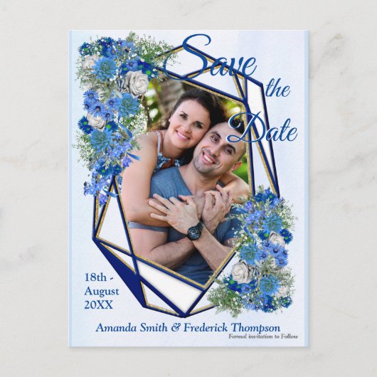 Geometrische goudmarineschepen en blauwe lijsten aankondigingskaart (Voorkant)