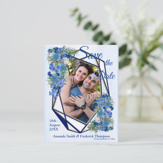 Geometrische goudmarineschepen en blauwe lijsten aankondigingskaart (Staand voorkant)