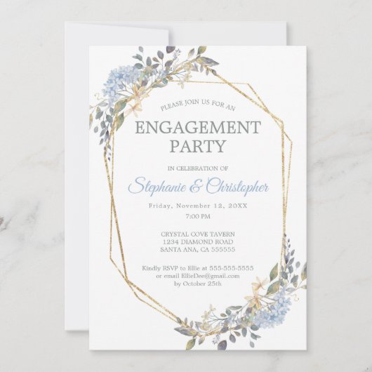 Geometrische goudmosterd Blue Florals Engagement P Kaart (Voorkant)