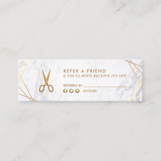 Geometrische goudschaar Marble Hair Stylist Refer Mini Visitekaartje (Voorkant)